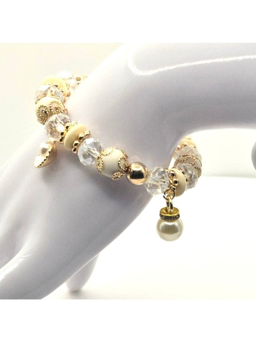 Pearl Charm Bracelet Gold Stretch Bracelet, Bridal Pearl Jewelry, Elegant - Picture 4 of 9